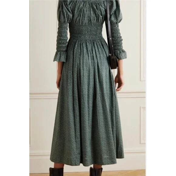 DOEN Kaira Midi Dress Printed Smocked Ruffle Evergreen Puff Sleeve S New - Picture 10 of 11